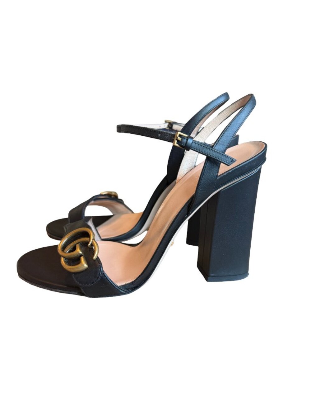 Gucci Marmont Block Heel Ankle-Strap Sandals Leather Double GG Chunky Size 38.5